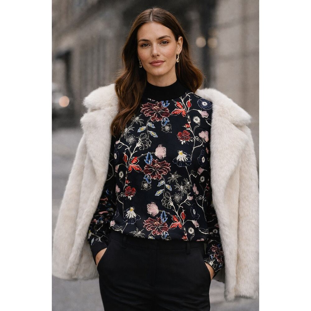 A.L.C Silk Floral Print 3/4 Sleeve Mock Neck Back Zip Blouse Top Black Women's 0